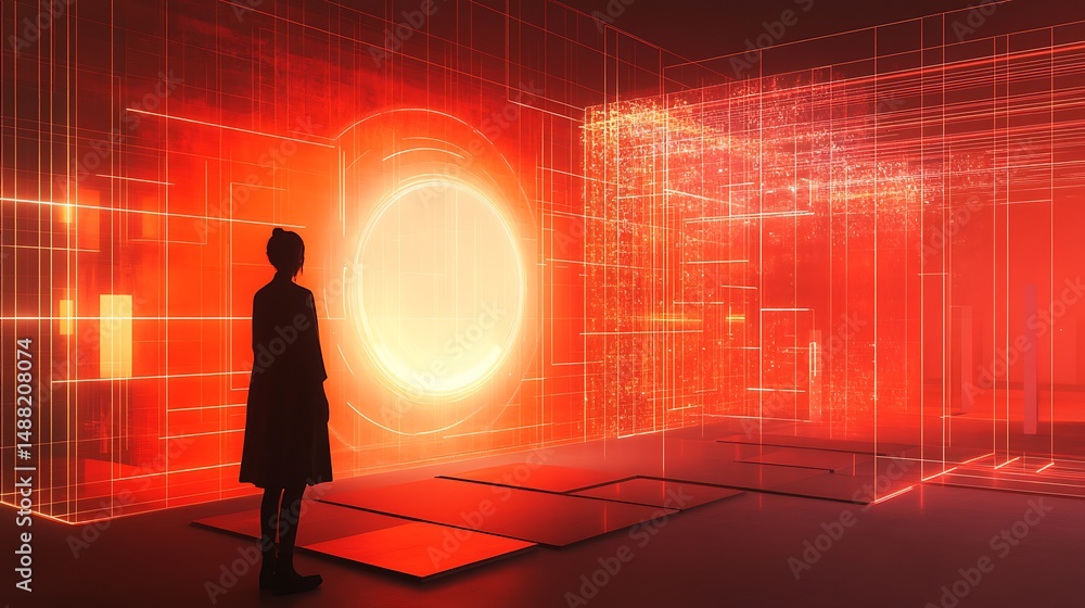 Poster silhouette gazes into luminous portal within futuristic digital architecture