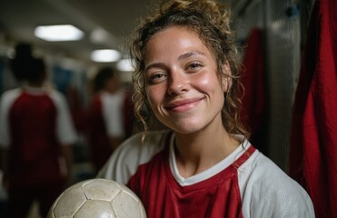 Smiling female soccer player holding ball in locker room