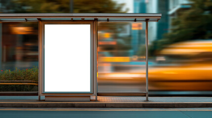 Large empty advertising billboard mounted on a glass bus stop, cars passing by in motion blur