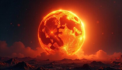Giant burning sphere, radiating intense heat and light , space, hellfire, sphere