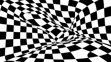 Abstract Black and White Checkerboard Illusion Distorted Geometric Pattern, Optical Art, 3D Warp Effect, Digital Design, Graphic Design Element