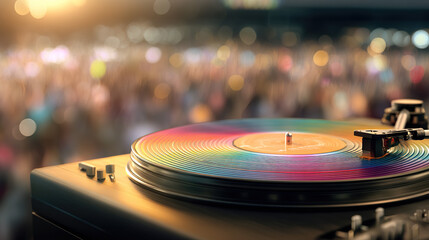 Fototapeta premium Vibrant vinyl record with rainbow sound waves, evoking the universal joy of music on World Music Day