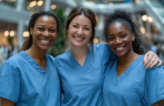 Three happy female doctors or nurses are smiling and posing together in a hospital