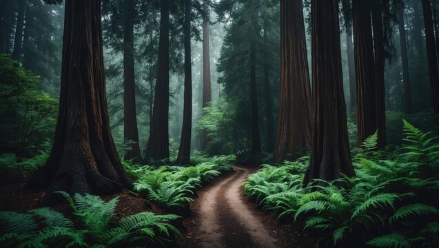 Hazy Forest Trail Curves Amid Towering Trees in Redwood National Park