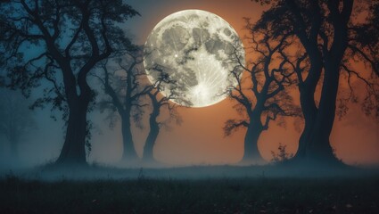 Halloween backdrop featuring illuminated trees and silhouettes.