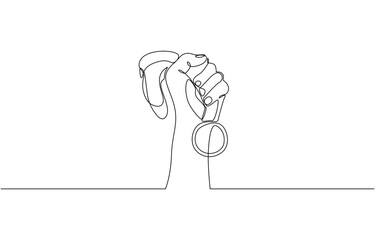 Hand hold medal continuous line drawing. Achievement, Hand holding trophy continuously drawing one line symbol of achievement, winner and success of the competition.