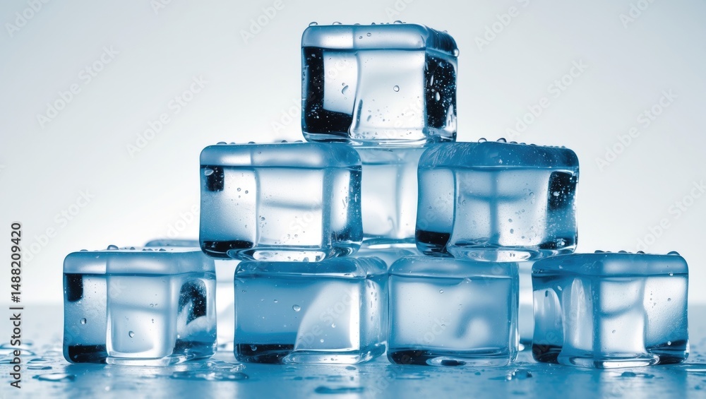 Poster frosted ice cube floating on a crystalline water backdrop with cold and wet effects
