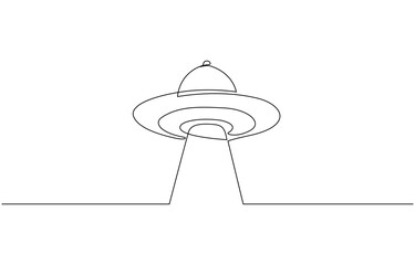 Continuous line drawing of UFO. One line of outer space concept, One continuous line of UFO vehicle vector .Vector illustration of minimalist style on a white background.