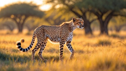 Naklejka premium A female cheetah moving across the grasslands while on a wildlife safari