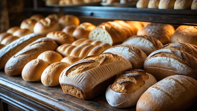 Variety of bakery items including bread loaves and rolls