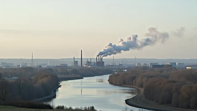 Smoke From The Pipe Factory Near The River. Landscape of an industrial estate with pipe factory smoke near river Vertical