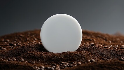 White circle featuring coffee grounds backdrop.