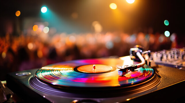 Vibrant vinyl record with rainbow sound waves, evoking the universal joy of music on World Music Day