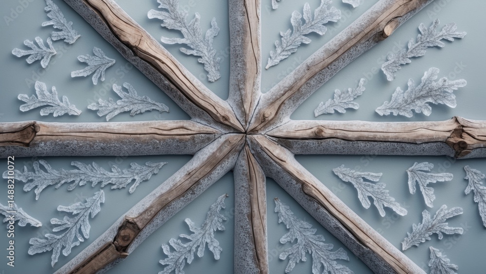 Poster Intricate frost patterns on a cold surface with textured twigs creating a star shape composition