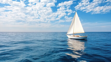 Serene sailboat glides across calm ocean under bright blue sky