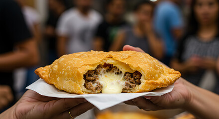 Close-up of a golden pastel filled with cheese and ground beef, being served at a busy street food market in São Paulo, with blurred motion of people in the background