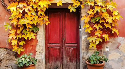 Autumnal red door in Italian village, vibrant yellow leaves, terracotta pots.  Perfect for travel brochures