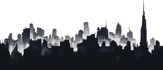 Fototapeta premium Cityscape Silhouette, Urban Skyline, Dark Gray Buildings on White, Architectural View