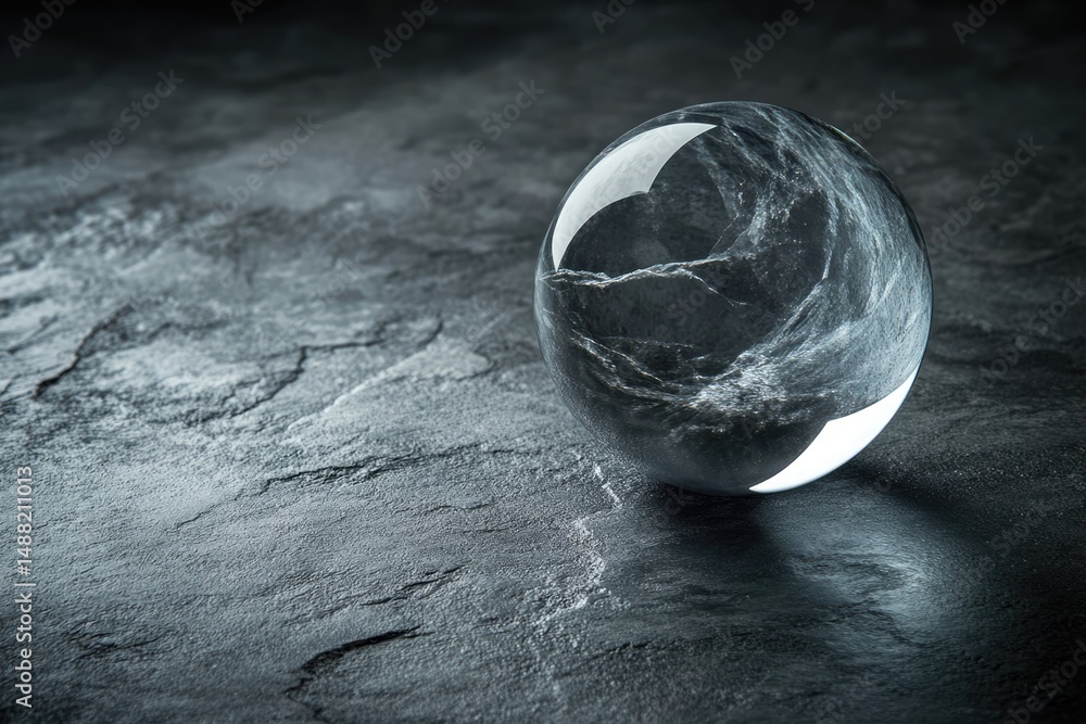 Poster a crystal ball rests on a textured gray surface, capturing and reflecting its unique patterns in a m