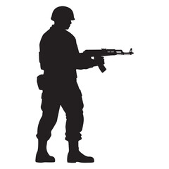 a millitary man stand with a gun black silhoutte illutration with a white backraund