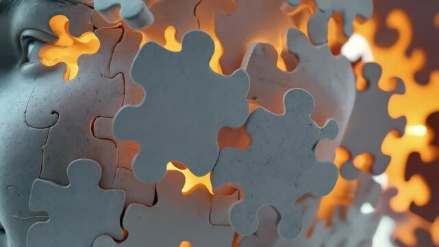 A woman's face is made of puzzle pieces