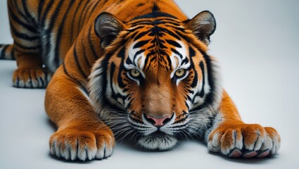 Obraz premium Tiger reclining with visible teeth, isolated on a white backdrop