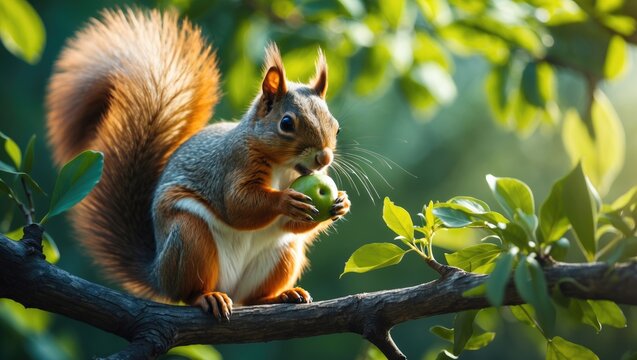 Weathered giant squirrel holding a wild fruit in both hands and facing the camera.