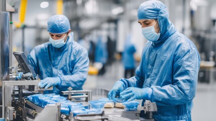 Food processing workshop scene, two workers wearing blue protective suits, blue haimets, blue gloves, and masks, operating food processing equipment, handling food in packaging, with factory facilitie