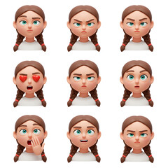 Cartoon girl character sheet with diverse expressions