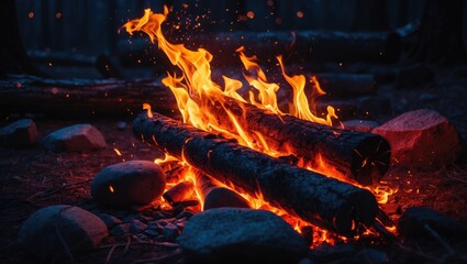 A lively campfire glows warmly, illuminating stones and wooden logs in a serene outdoor setting.