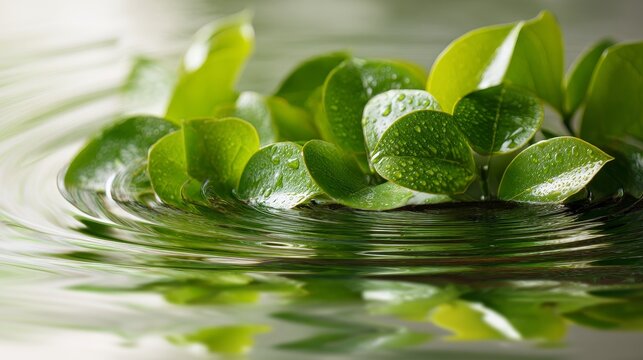 fresh green leaves with water drops over the water , relaxation with water ripple drops concept