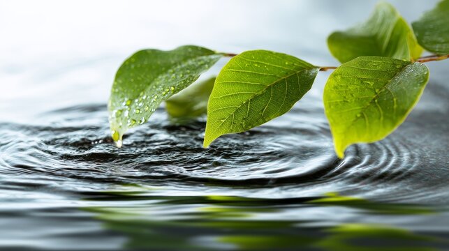 fresh green leaves with water drops over the water , relaxation with water ripple drops concept - Powered by Adobe