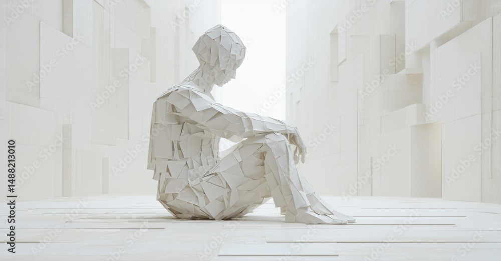 Poster Figure constructed from polygonal shapes sits within minimalist white space. Reflective light creates soft shadows, evoking introspection.