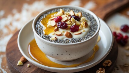 Chia Seed Pudding: A Nutritious Snack Made with Fiber-Rich Seeds, Milk, Sweeteners, and Flavorings like Honey, Almonds, Walnuts, Cream, and Dried Fruit