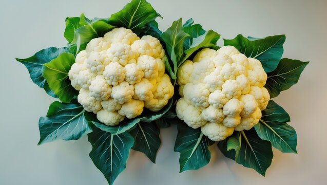 Close-up of a whole fresh raw cauliflower head with nearby leaves on a background