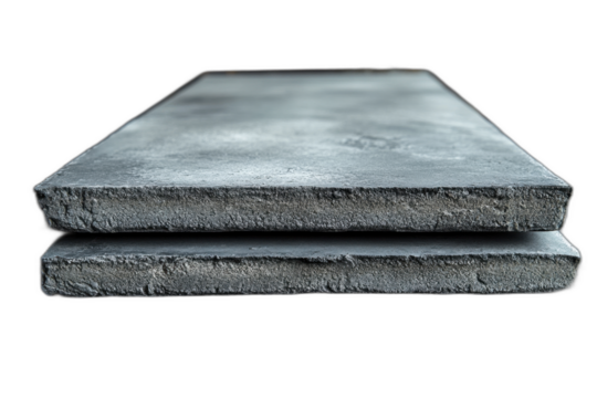 Stack of slate tiles showing rough texture and irregular edges, various shades of gray. Isolated on transparent background.