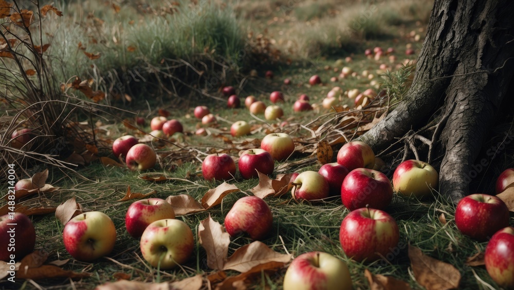 Poster apples from autumn are spoiling on the grass below the tree.
