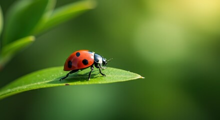 Ladybug on green leaf spring nature closeup