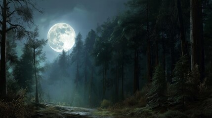 full moon in dark woods at night, fantasy forest panorama