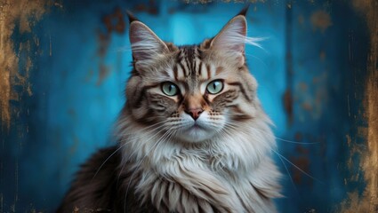 Image of a lovely cat against a blue backdrop in grunge design