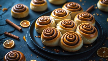 Fototapeta premium Cinnamon rolls or buns. Freshly baked treats on a dark stone surface.