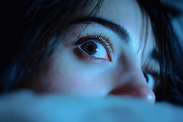 Close up of a woman's face with wide eyes in the dark illuminated by blue light from below her chin
