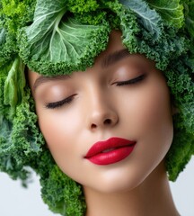 Beautiful woman with lettuce and tomato on her head, white background