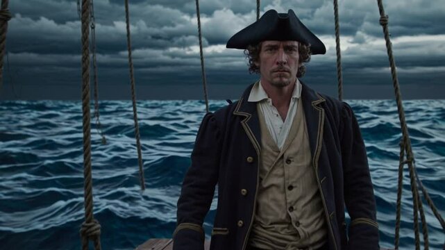 Capitaine pirate d&eacute;termin&eacute; sur son radeau en pleine mer agit&eacute;e

