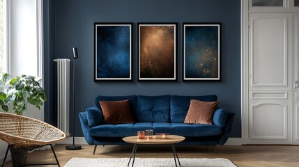 Fototapeta premium Elegant Interior Blue Velvet Couch, Modern Artwork, Wicker Chair, Wooden Floor