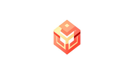 Geometric and colorful logo with layered shapes forming an abstract figure or letter 'M' inside a hexagon. Logo.