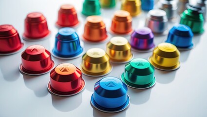 Colored coffee capsules on a white backdrop.