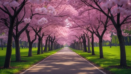 Fototapeta premium Leisurely walk through the picturesque cherry blossom tunnel on the road