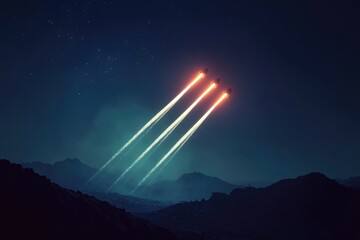 Three rockets ascend through a misty, alien landscape under a starry sky, leaving trails of light as they journey into the unknown.