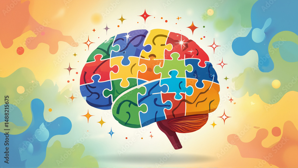 Poster the image shows a colorful brain made out of jigsaw puzzle pieces on a colorful background. the brai